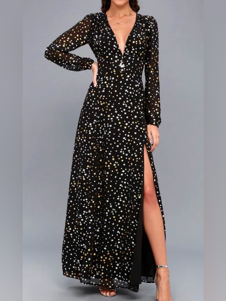 Lulu's Black Maxi Dress With Gold & White Star Print